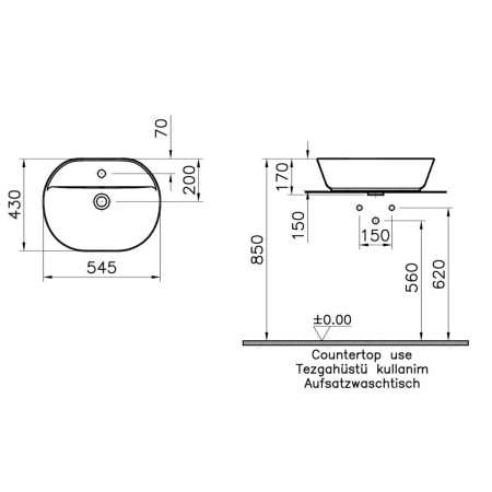 7428B003-0001 VitrA Geo 1TH 550mm Oval Countertop Basin Dimensions