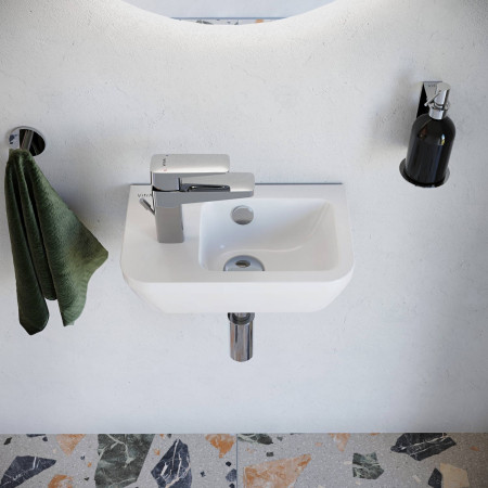 7090L003-0028 VitrA Integra 370mm Left Hand 1TH Wall Hung Cloakroom Basin with a Chrome Tap and Bottle Trap