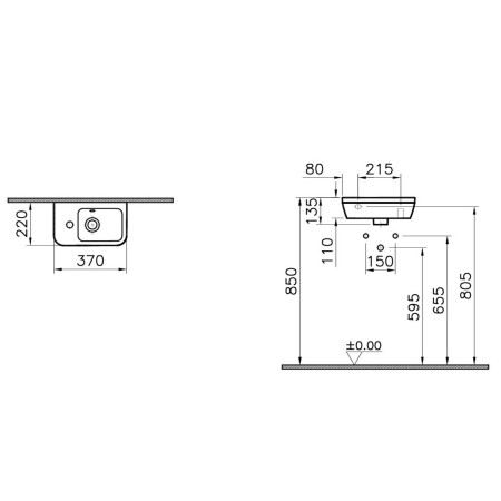 7090L003-0028 VitrA Integra 370mm Left Hand 1TH Wall Hung Cloakroom Basin Dimensions