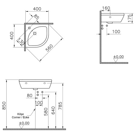 7336B003-099 VitrA Integra 400mm 1TH Wall Hung Corner Basin Dimensions