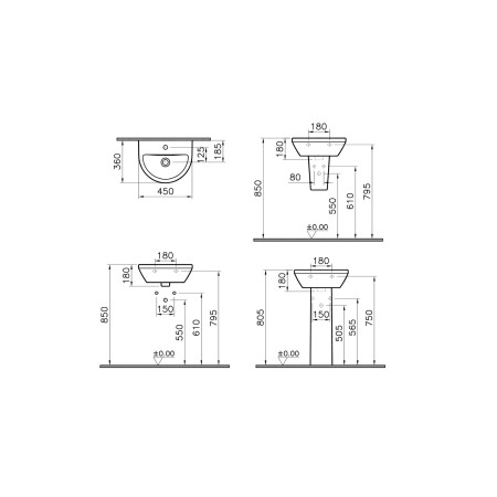7065L003-0001 VitrA Integra 450mm 1TH Round Wall Hung Basin Dimensions