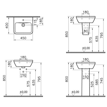 7047L003-0001 VitrA Integra 450mm 1TH Square Wall Hung Basin Dimensions