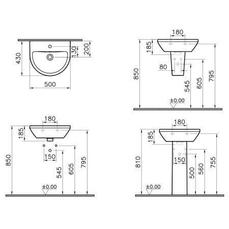 7066L003-0001 VitrA Integra 500mm 1TH Round Wall Hung Basin Dimensions