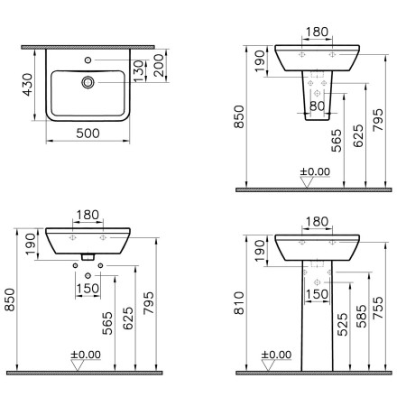 7048L003-0001 VitrA Integra 500mm 1TH Square Wall Hung Basin Dimensions