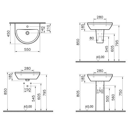 7067L003-0001 VitrA Integra 550mm 1TH Round Wall Hung Basin Dimensions