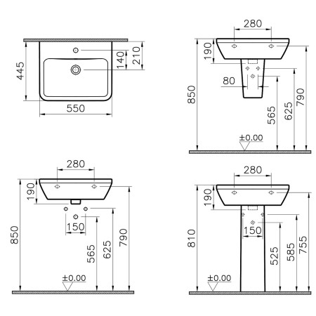 7049L003-0001 VitrA Integra 550mm 1TH Square Wall Hung Basin Dimensions