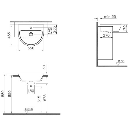 7337B003-0001 VitrA Integra 550mm Round 1TH Semi Recessed Basin Dimensions