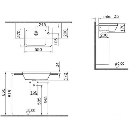 7338B003-0029 VitrA Integra 550mm Square 1TH Right Hand Semi Recessed Basin Dimensions