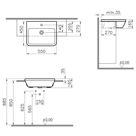 7069B003-0001 VitrA Integra 550mm Square 1TH Semi Recessed Basin Dimensions
