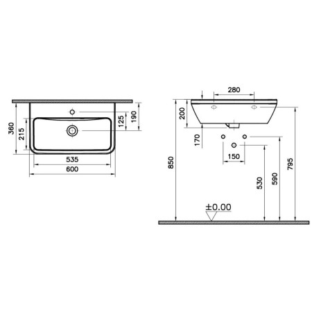 7088L003-0001 VitrA Integra 600mm 1TH Compact Square Wall Hung Basin Dimensions