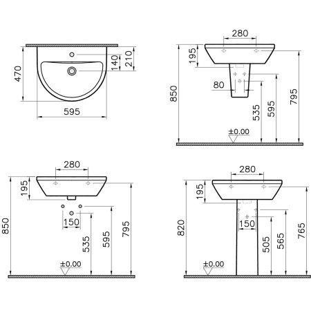 7068L003-0001 VitrA Integra 600mm 1TH Round Wall Hung Basin Dimensions
