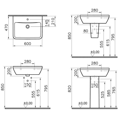 7050L003-0001 VitrA Integra 600mm 1TH Square Wall Hung Basin Dimensions