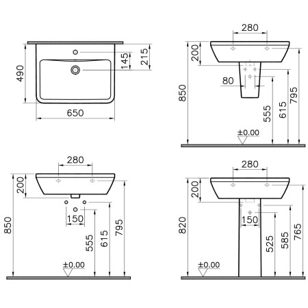 7051L003-0001 VitrA Integra 650mm 1TH Square Wall Hung Basin Dimensions