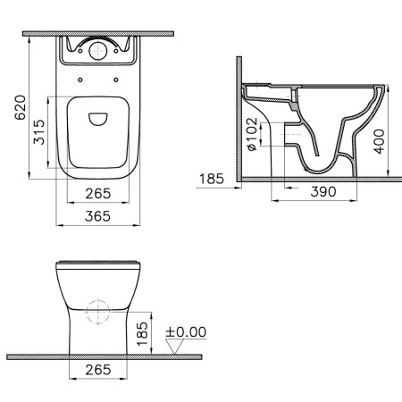 7087B003-7200 VitrA Integra Square Close Coupled Open Back Rimless WC Pan and Seat Pan Dimensions