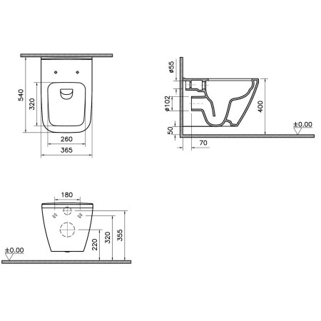 7082B003-0075 VitrA Integra Square Rimless Hidden Fix Wall Hung WC Pan and Seat Dimensions