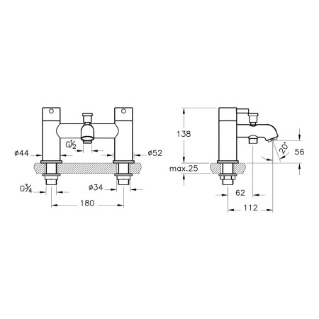 A42410VUK VitrA Minimax S 2TH Bath Shower Mixer in Chrome Dimensions