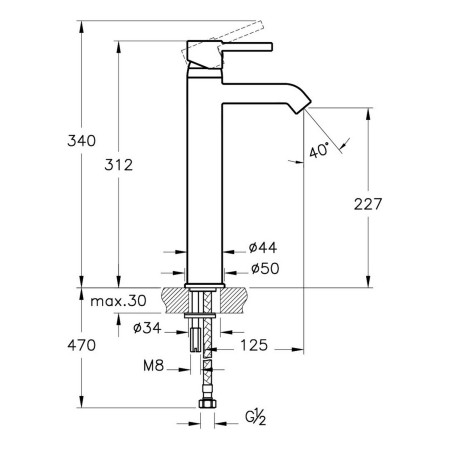 A41990VUK VitrA Minimax S Tall Basin Mixer in Chrome Dimensions