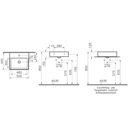 7431B003-0001 VitrA Nuo 500mm 1TH Countertop Basin Dimensions