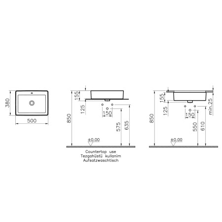 7436B003-0012 VitrA Nuo Square 500mm Countertop Basin Dimensions