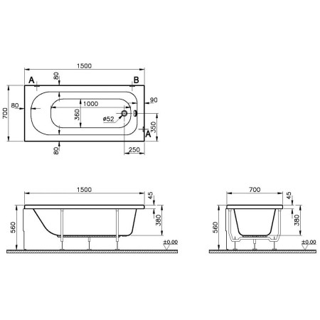 50800001000 VitrA Optima 1500 x 700mm Rectangular Single Ended Bath Dimensions