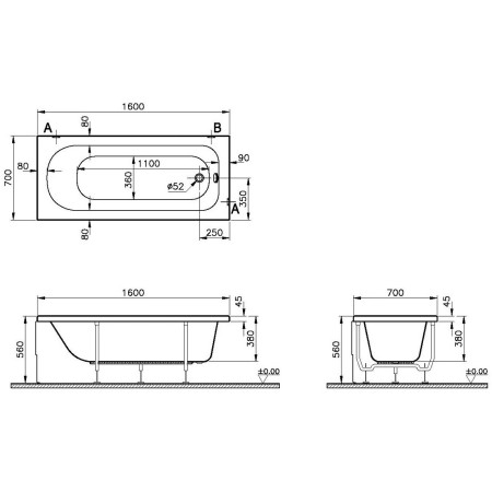 50810001000 VitrA Optima 1600 x 700mm Rectangular Single Ended Bath Dimensions