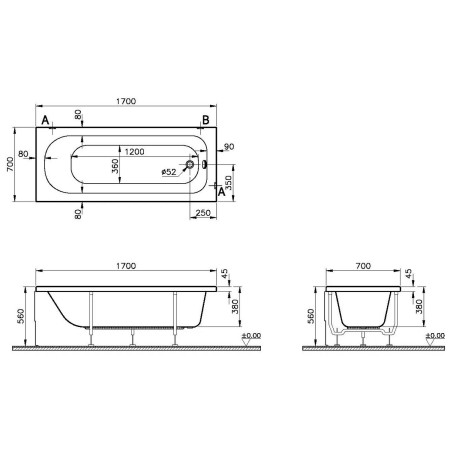 50820001000 VitrA Optima 1700 x 700mm Rectangular Single Ended Bath Dimensions
