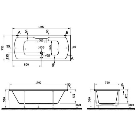 52430001000/59990243000 VitrA Optima 1700 x 750mm Rectangular Double Ended Bath Dimensions