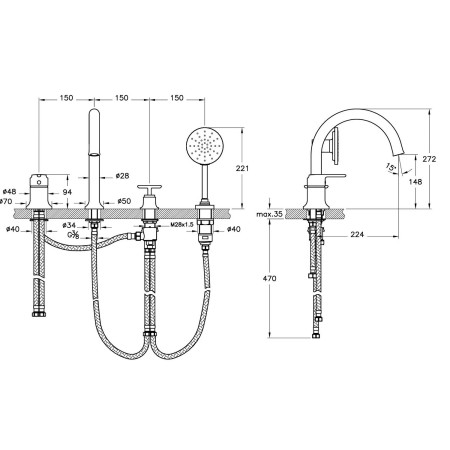 A4290036 VitrA Origin Classic 4TH Bath Shower Mixer in Matt Black Dimensions
