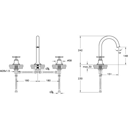 A42891 VitrA Origin Classic Deck Mounted 3TH Basin Mixer in Chrome Dimensions
