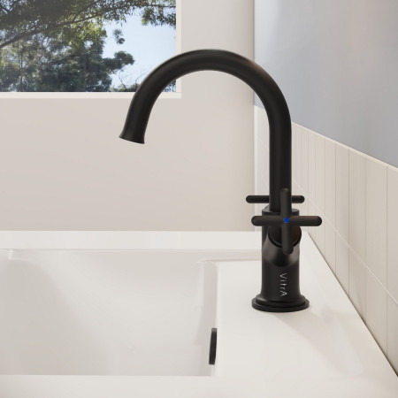 A4288436 VitrA Origin Classic Matt Black Basin Mixer with Cross Handles Front View