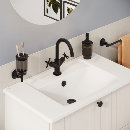 A4288436 VitrA Origin Classic Matt Black Basin Mixer with Cross Handles Installed on a Vanity Unit