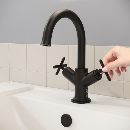 A4288436 VitrA Origin Classic Matt Black Basin Mixer with Cross Handles Side View
