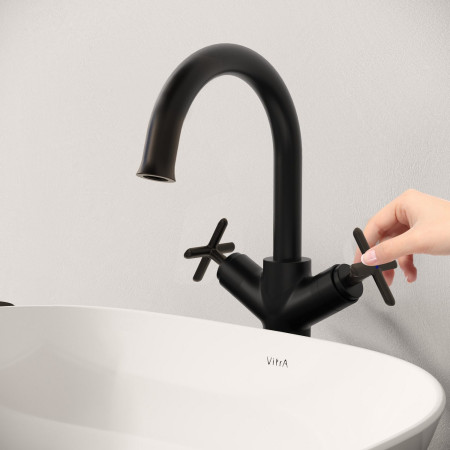 A4288636 VitrA Origin Classic Tall Basin Mixer in Matt Black Front View
