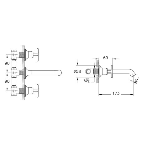 A4289029/A43465 VitrA Origin Classic Wall Mounted 3TH Basin Mixer in Soft Copper Dimensions