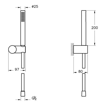 A4554339 VitrA Origin Shower Handset and Holder in Gloss Black Dimensions