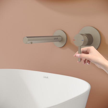 A4258134/A42230 VitrA Origin Wall Mounted 2TH Basin Mixer in Brushed Nickel Bathroom Setting