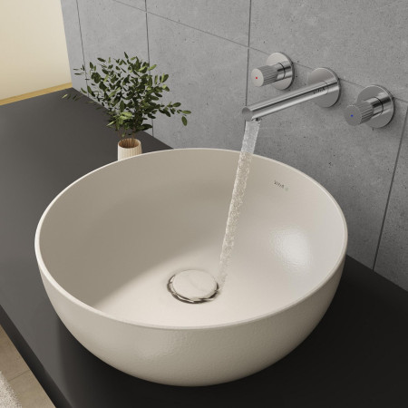 7992B066-0016 VitrA Outline 400mm Round Recycled Countertop Basin in Matt Taupe with Chrome Wall Mounted Basin Mixer