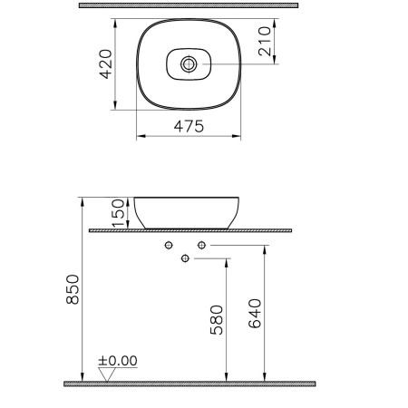 7994B066-0016 VitrA Outline 480mm Square Recycled Countertop Basin in Matt Taupe Dimensions