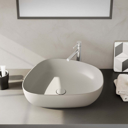 7991B066-0016 VitrA Outline 570mm Pebble Recycled Countertop Basin in Matt Taupe Lifestyle