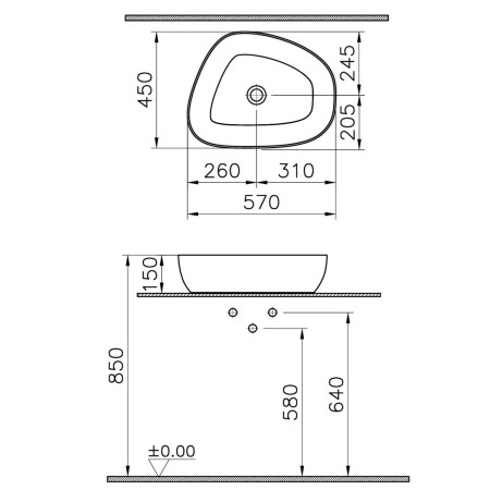 7991B066-0016 VitrA Outline 570mm Pebble Recycled Countertop Basin in Matt Taupe Dimensions