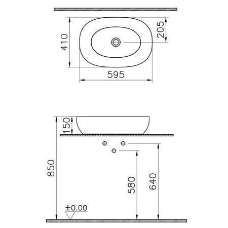 7995B066-0016 VitrA Outline 600mm Oval Recycled Countertop Basin in Matt Taupe Dimensions