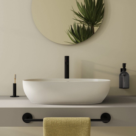 7995B066-0016 VitrA Outline 600mm Oval Recycled Countertop Basin in Matt Taupe with Black Tall Basin Mixer