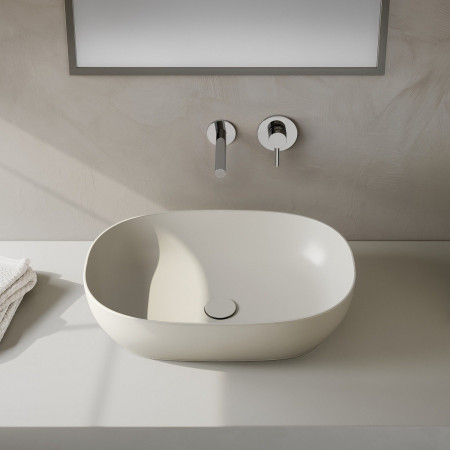 7995B066-0016 VitrA Outline 600mm Oval Recycled Countertop Basin in Matt Taupe with Chrome Wall Mounted Basin Mixer