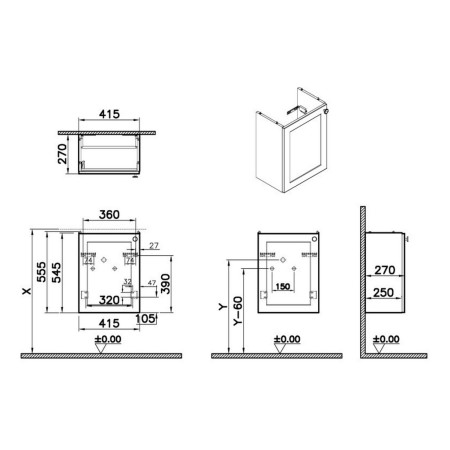 68377 VitrA Root Classic 450mm Matt White Wall Hung Left Hand Cloakroom Vanity Unit and Basin Dimensions