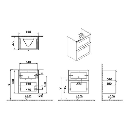 68407 VitrA Root Classic 600mm Matt Grey Wall Hung Slim Vanity Unit and Basin Dimensions