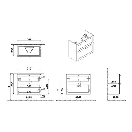 68415 VitrA Root Classic 800mm Matt Fjord Green Wall Hung Slim Vanity Unit and Basin Dimensions