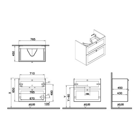 68477 VitrA Root Classic 800mm Matt Grey Wall Hung Vanity Unit and Basin Dimensions