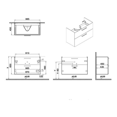 67966 VitrA Root Flat 1000mm Matt Rock Grey Wall Hung Two Drawer Vanity Unit and Basin Dimensions