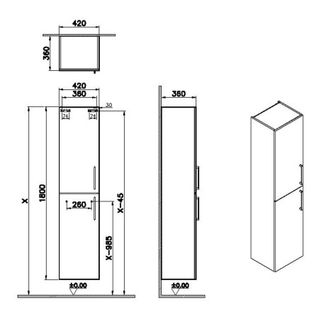 68005 VitrA Root Flat 400mm Cordoba Wall Hung Tall Storage Unit Dimensions