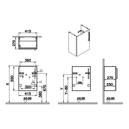 67816 VitrA Root Flat 450mm Matt Rock Grey Left Hand Wall Hung Cloakroom Vanity Unit and Basin Dimensions